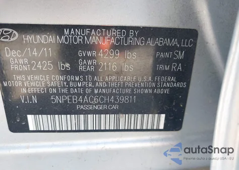 2012 Hyundai Sonata Gls from USA, damaged, VIN 5NPEB4AC6CH439811